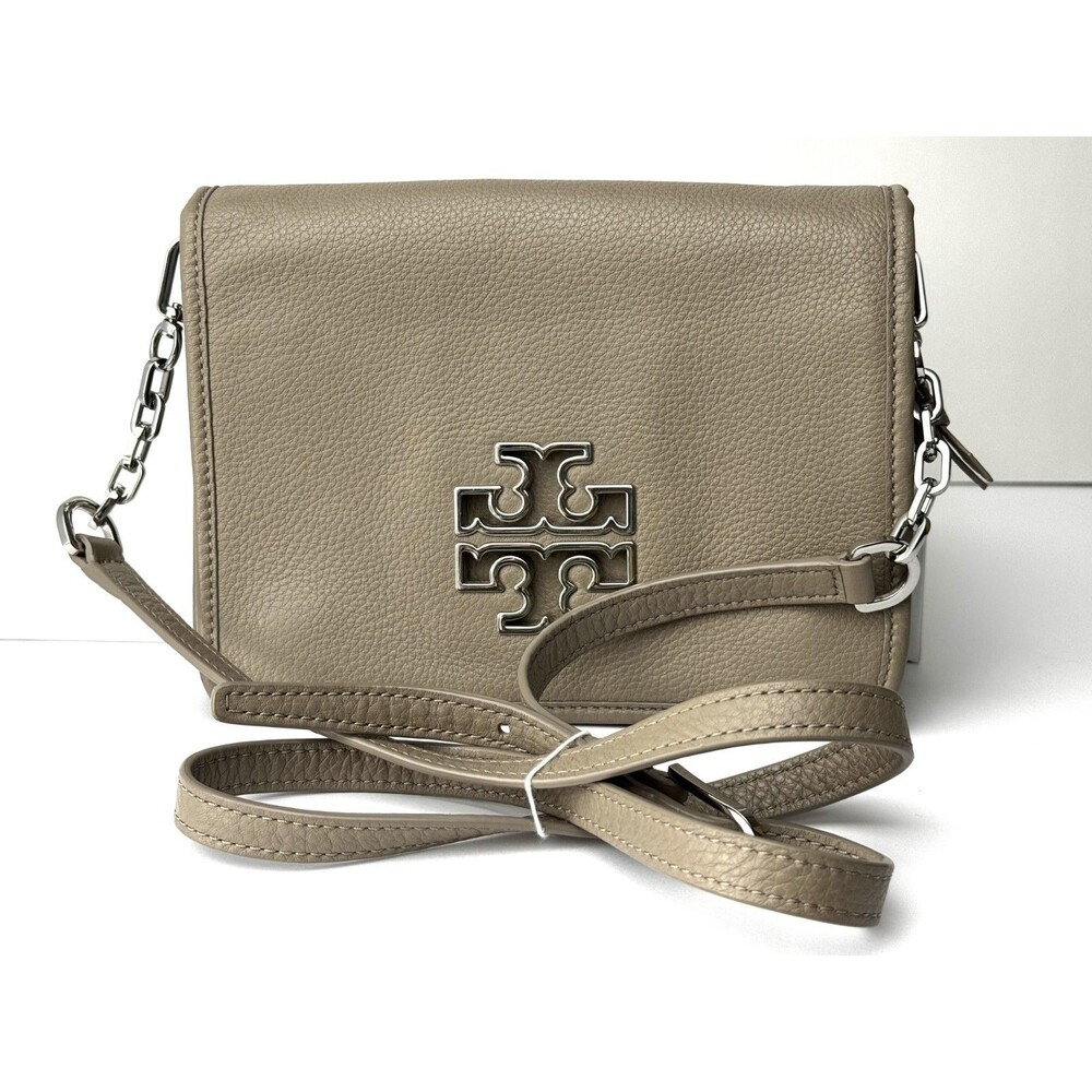 Tory Burch Britten French Grey Pebbled Leather Convertible Crossbody Bag - Picture 16 of 16